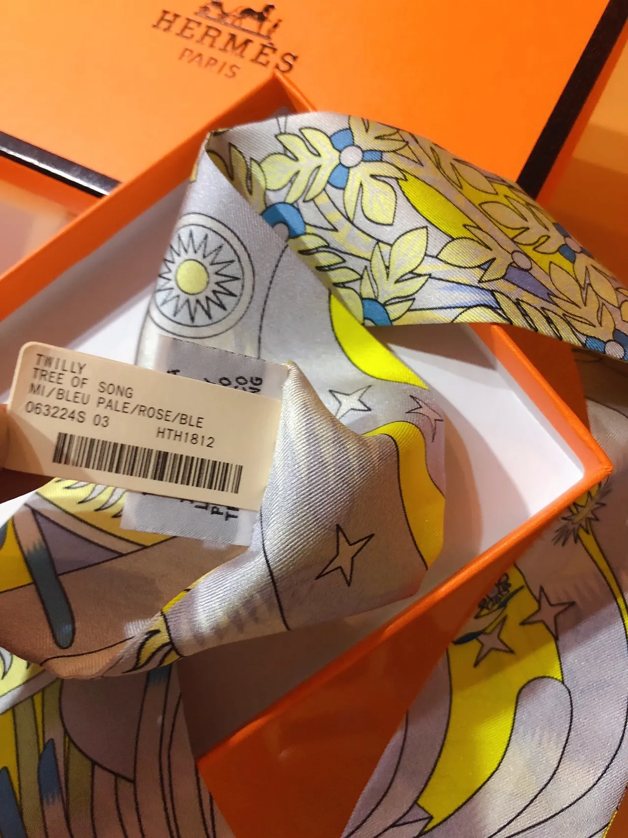 Hermès Twilly Cachecol Amarelo Azul com impressão gráfica vibrante multicolor de seda 8