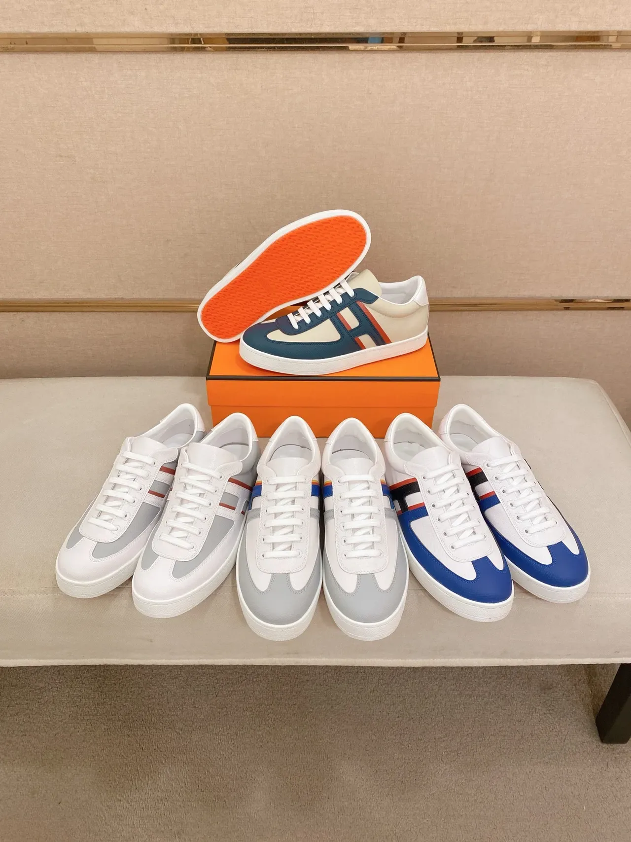Hermès White Gray Low-Top Leather-Paneled Sneakers 2