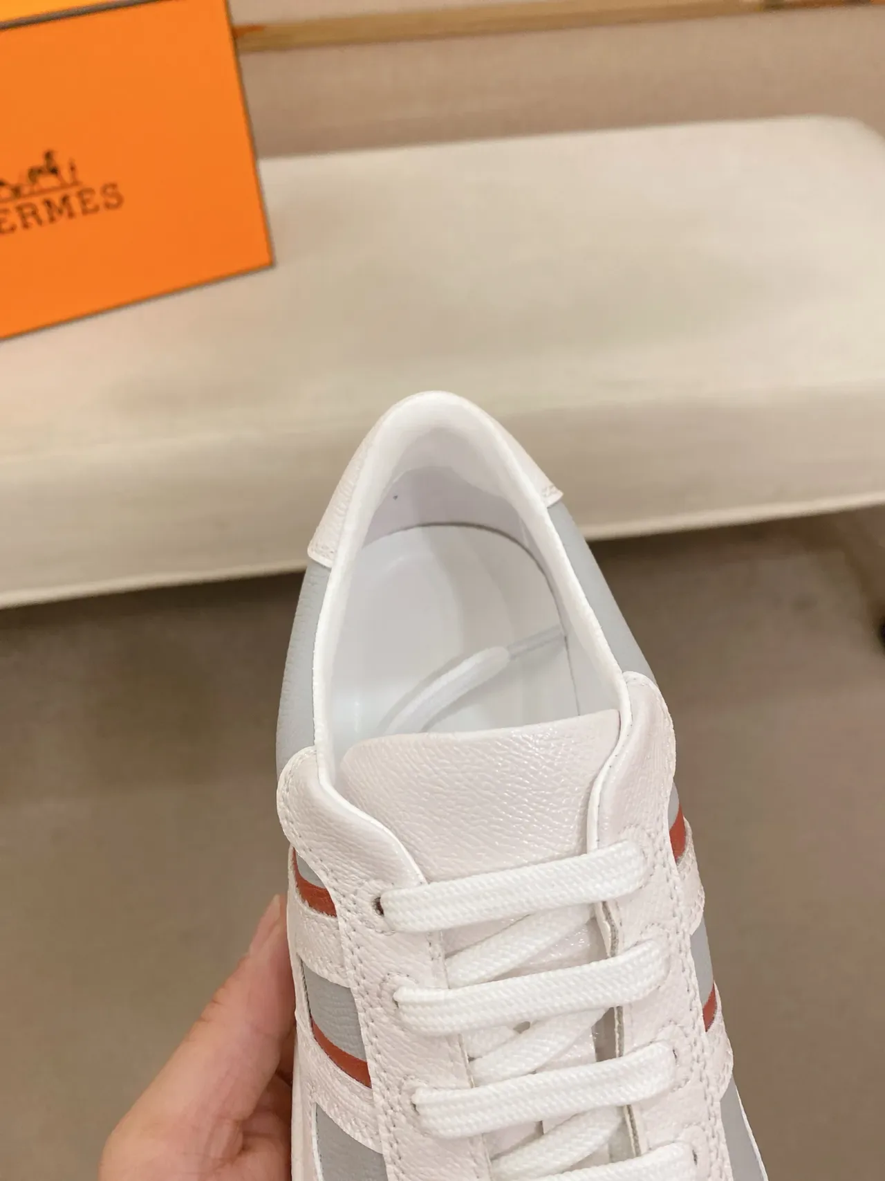 Hermès White Gray Low-Top Leather-Paneled Sneakers 4