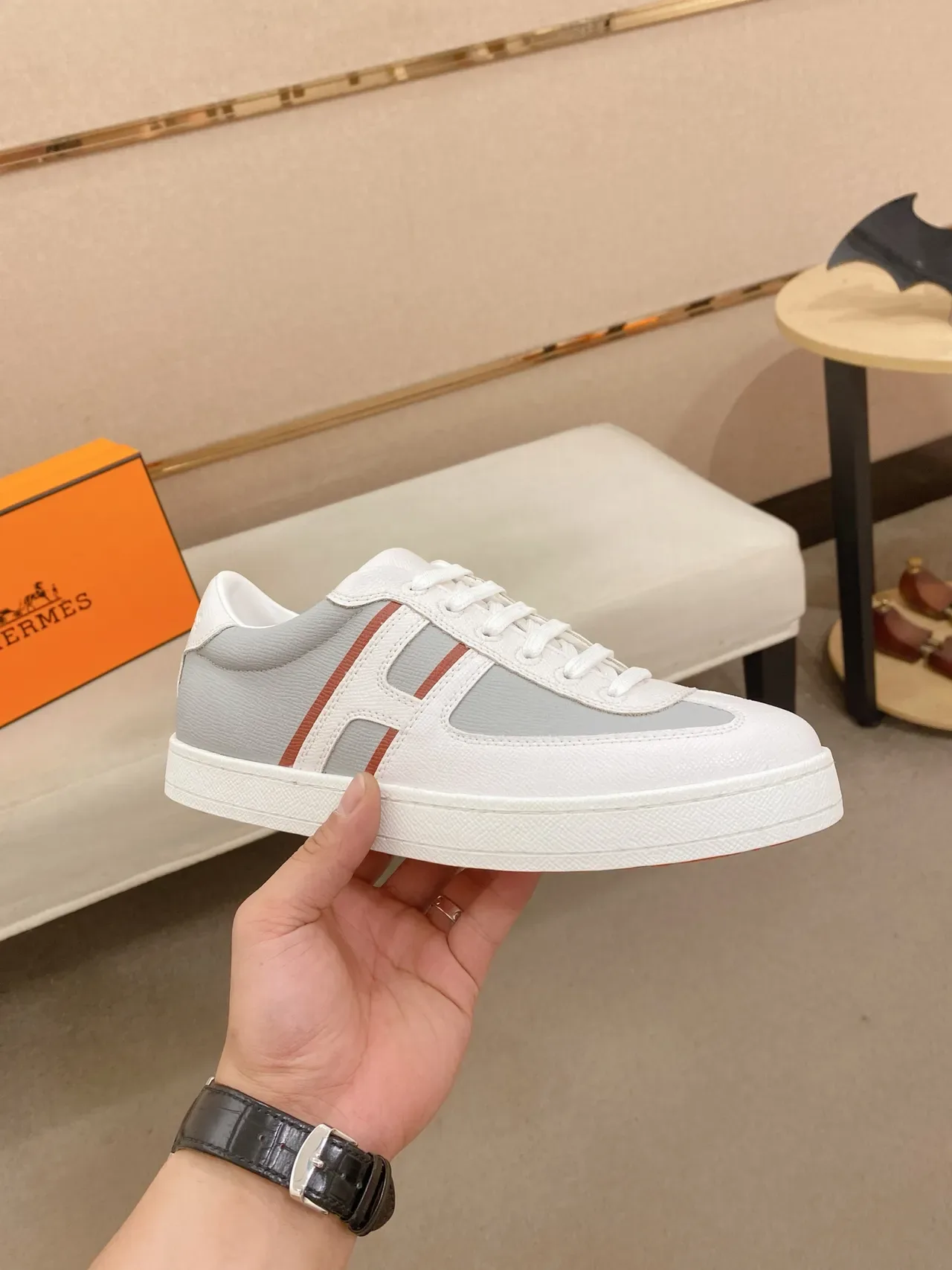 Hermès White Gray Low-Top Leather-Paneled Sneakers 5