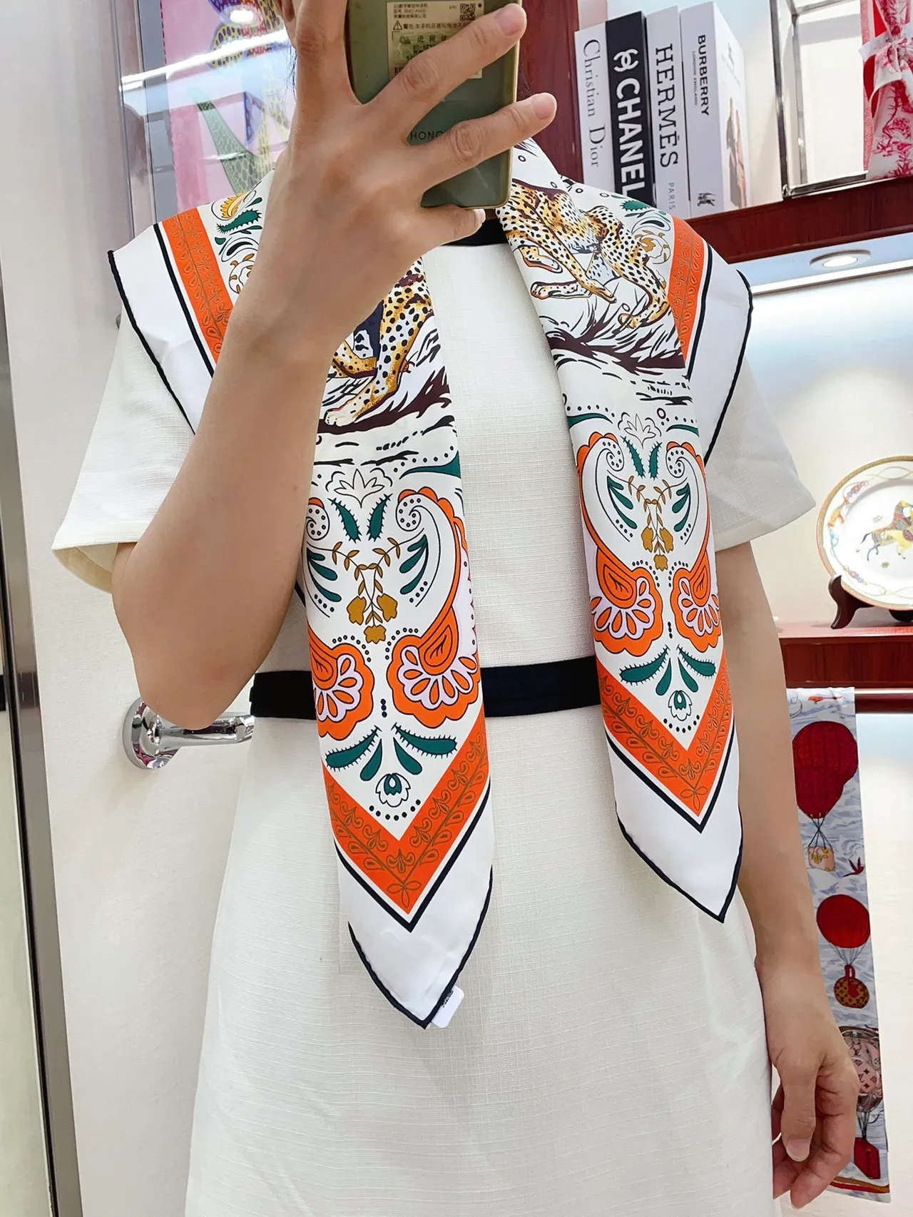 Hermès White Orange Printed Square Silk Scarf 2