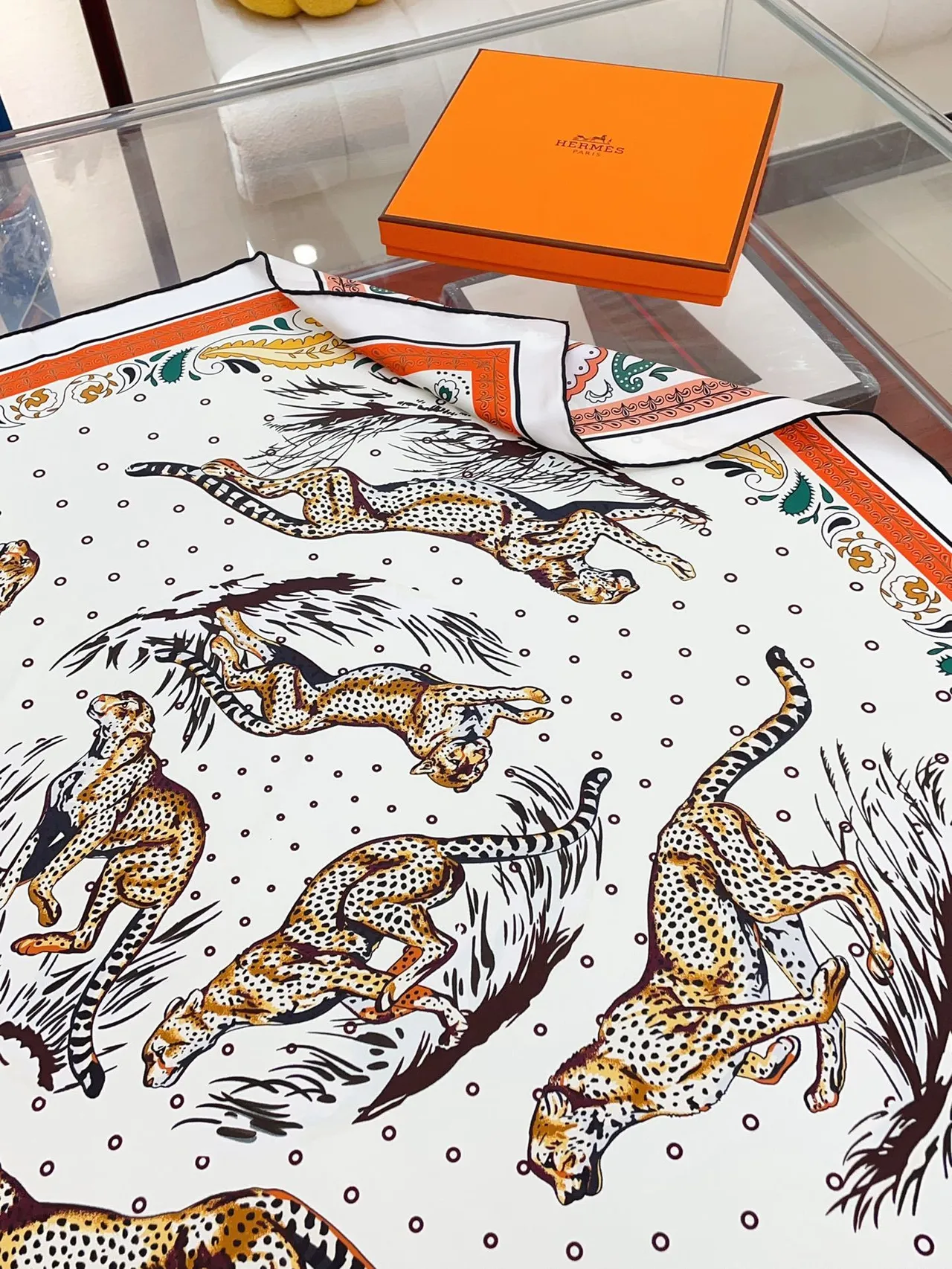 Hermès White Orange Printed Square Silk Scarf 7