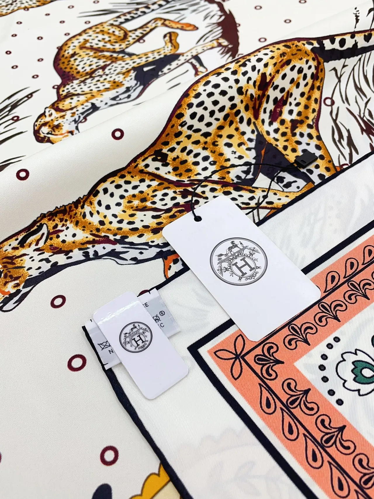 Hermès White Orange Printed Square Silk Scarf 8