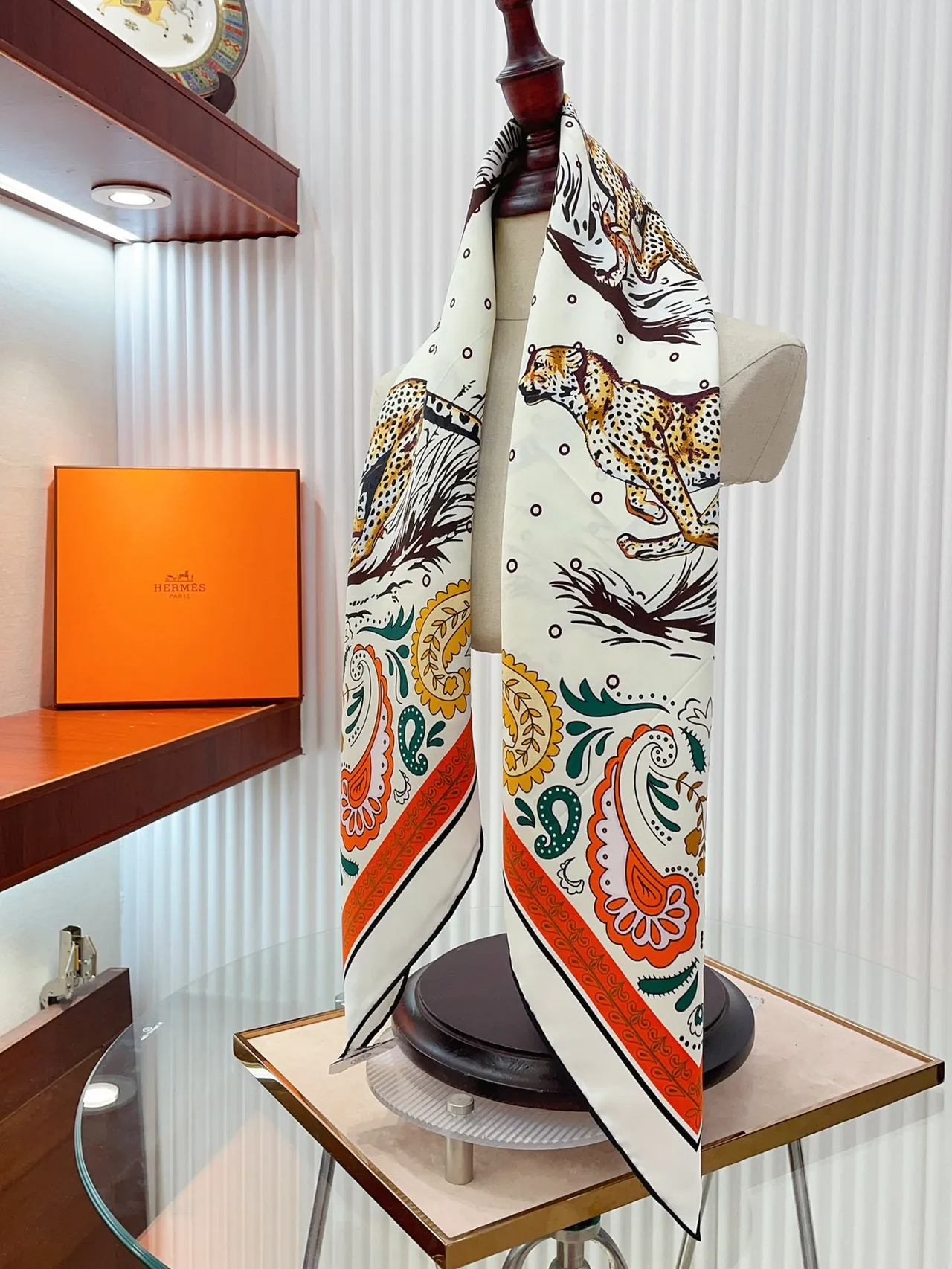 Hermès White Orange Printed Square Silk Scarf 9