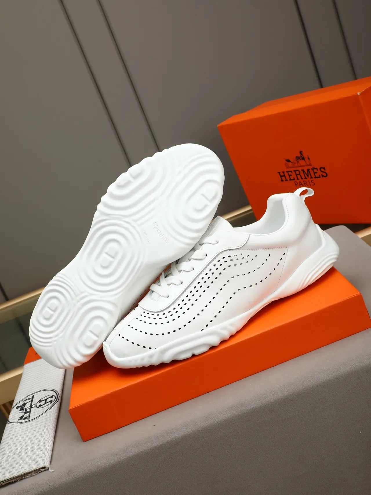 Hermès White Perforated Wave-Sole Lifestyle Sneaker 5