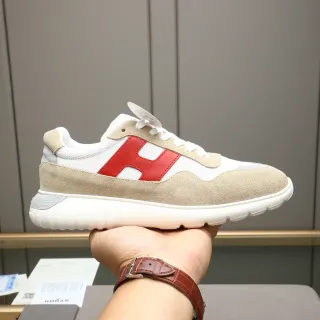 Hogan Beige Red Suede And Mesh Upper Bold 'H' Logo Panel Lifestyle Sneakers