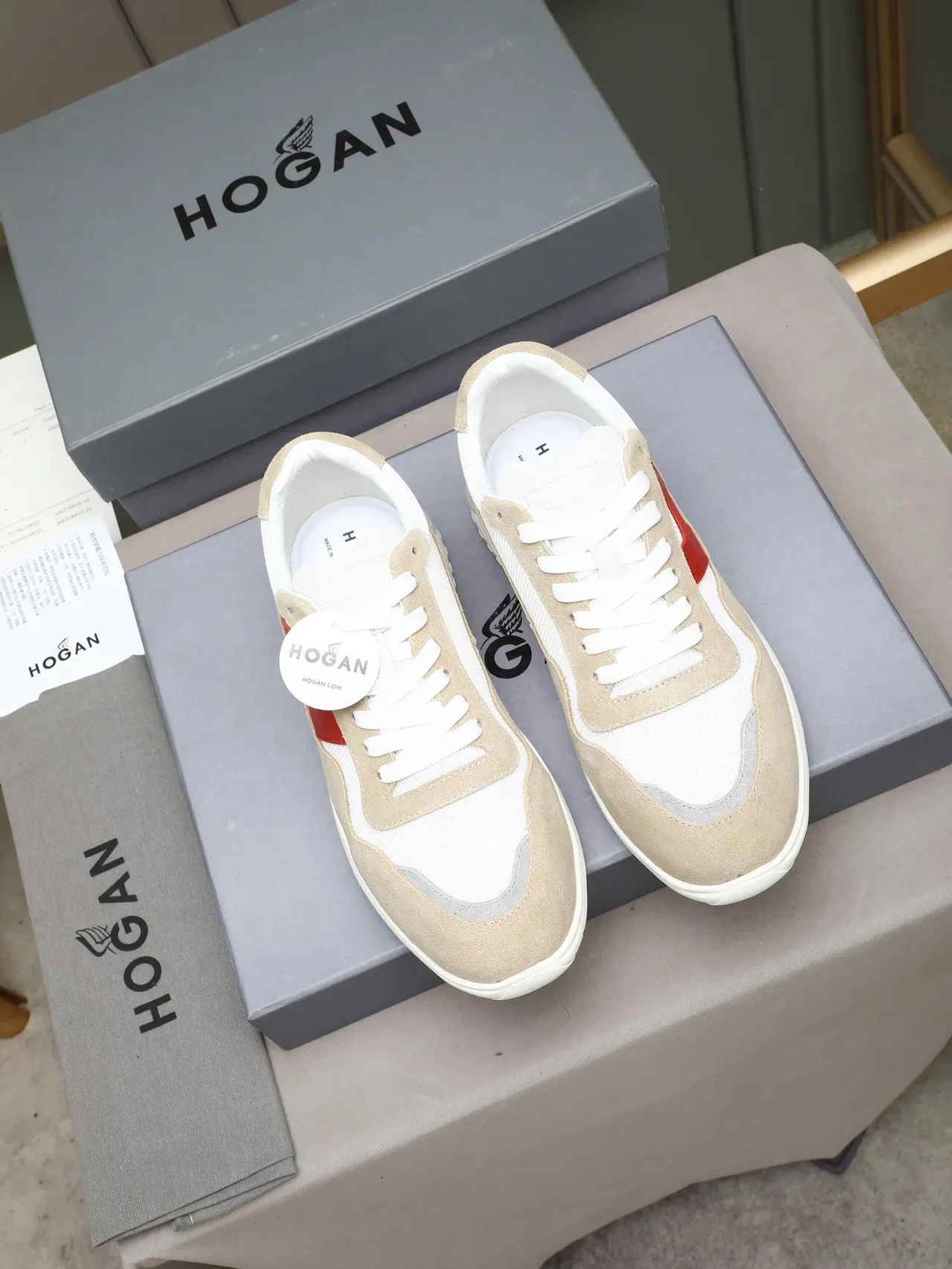 Hogan Beige Red Suede And Mesh Upper Bold 'H' Logo Panel Lifestyle Sneakers 3