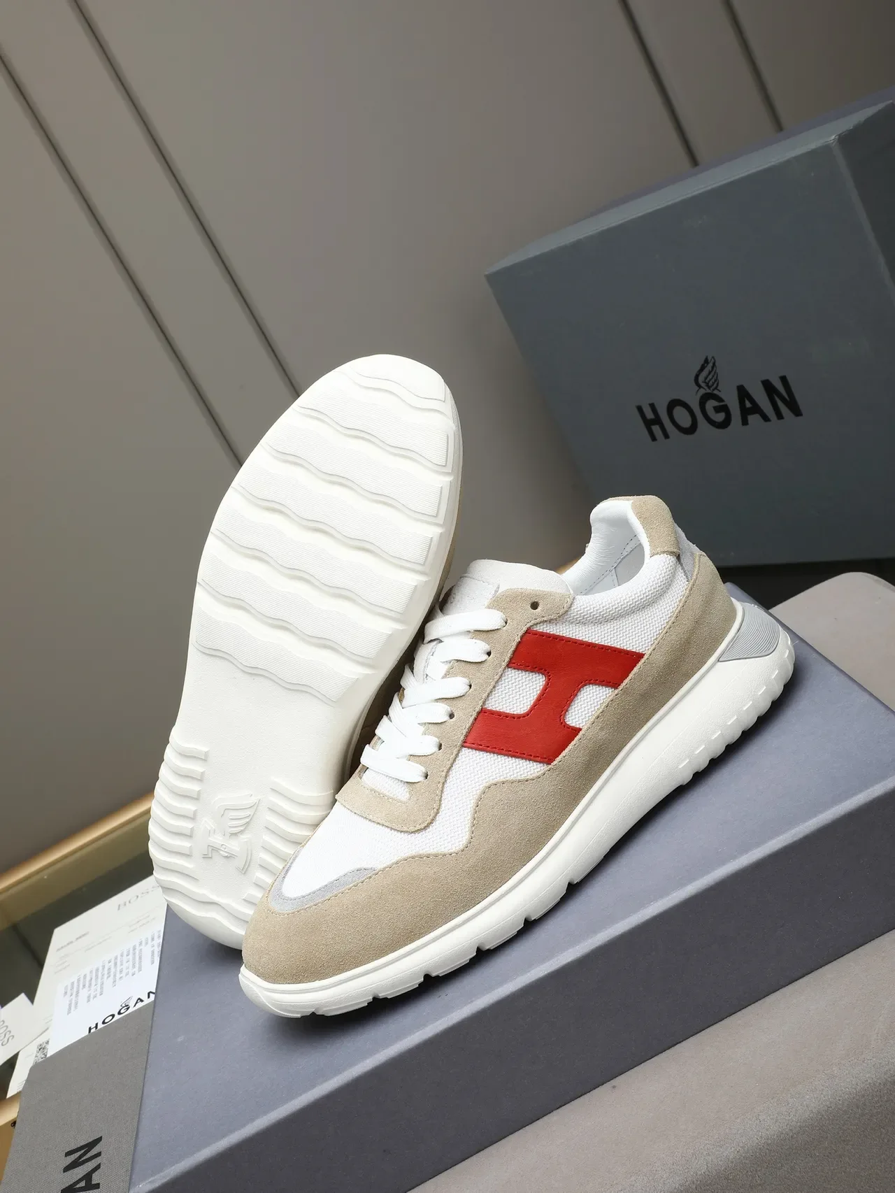 Hogan Beige Red Suede And Mesh Upper Bold 'H' Logo Panel Lifestyle Sneakers 5