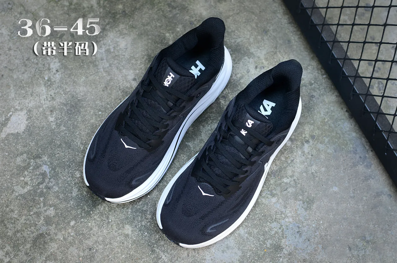 Hoka Preto Branco Superior Malha Engenhada Sola Intermediária Esculpida Tênis de Corrida 4