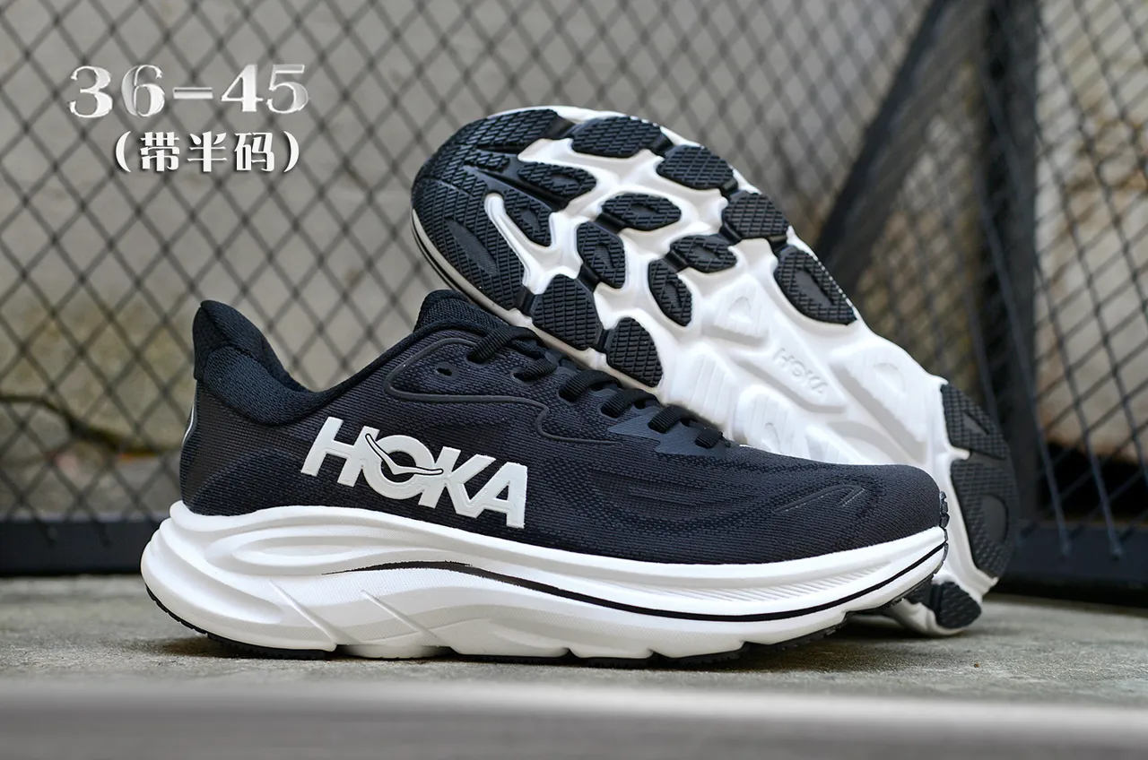 Hoka Preto Branco Superior Malha Engenhada Sola Intermediária Esculpida Tênis de Corrida 7