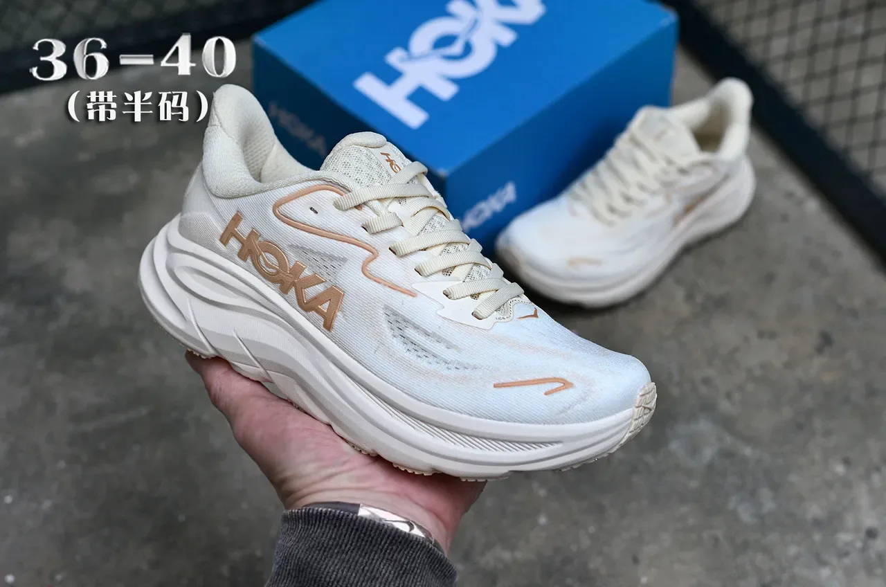 Hoka White Beige Engineered Knit Upper Sculpted Foam Midsole Running Shoes 3
