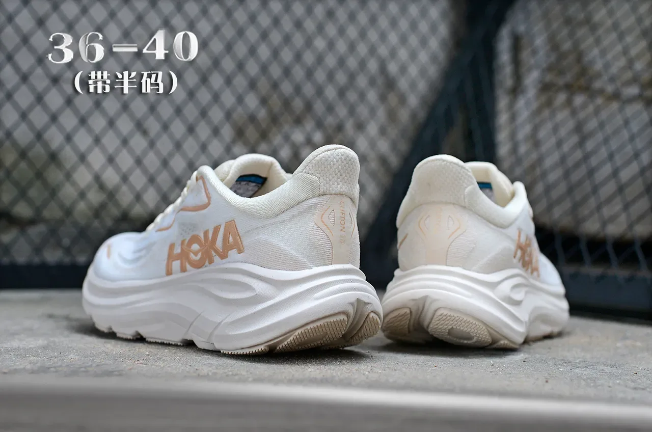 Hoka White Beige Engineered Knit Upper Sculpted Foam Midsole Running Shoes 6