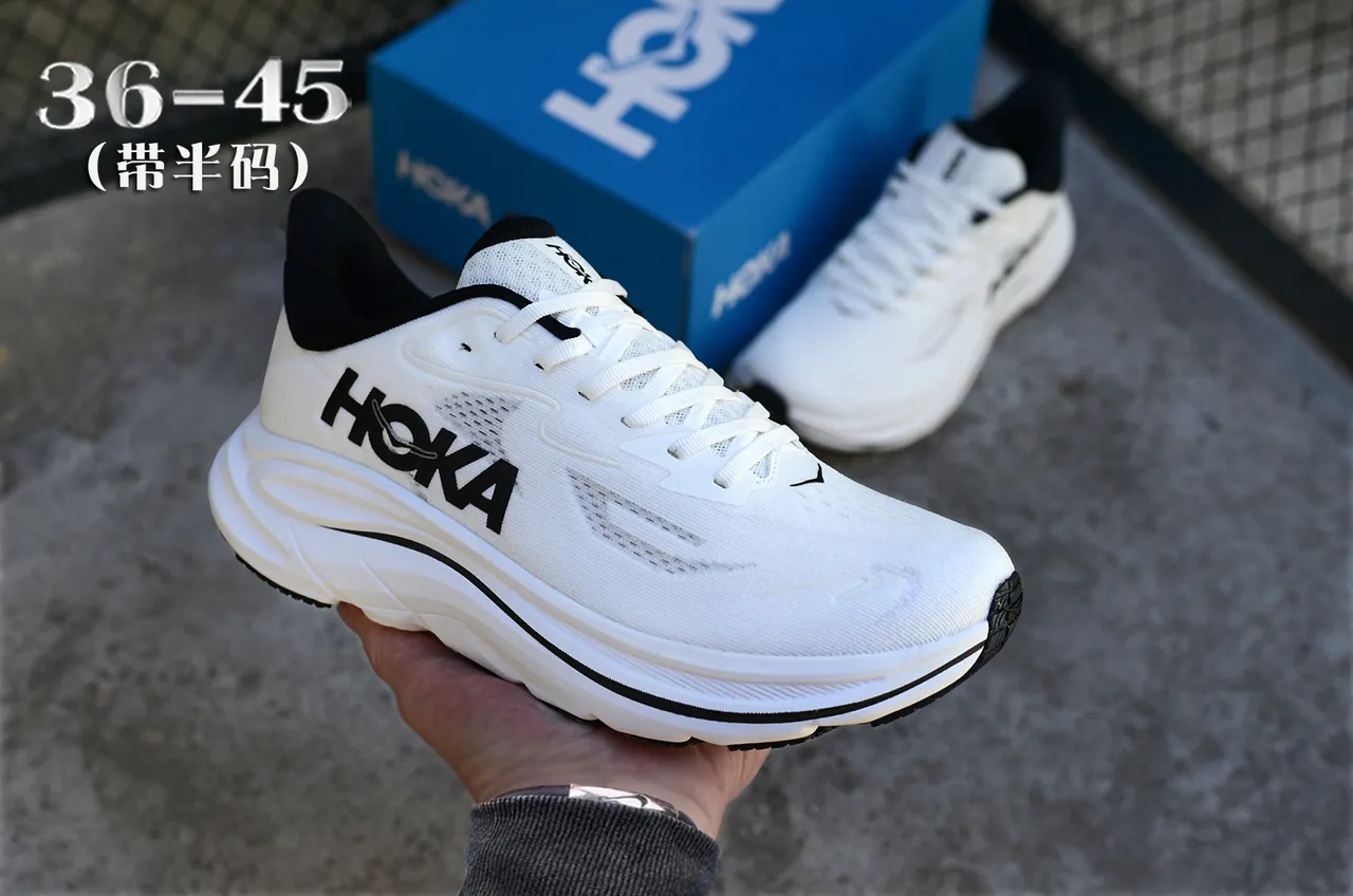 Hoka White Black Engineered Mesh Upper Flared Cushioned Midsole Running Shoes 4