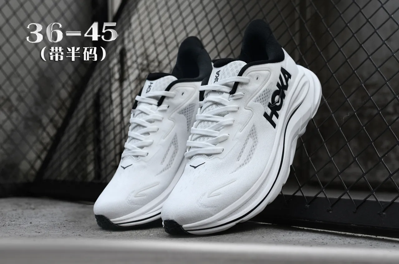 Hoka White Black Engineered Mesh Upper Flared Cushioned Midsole Running Shoes 5