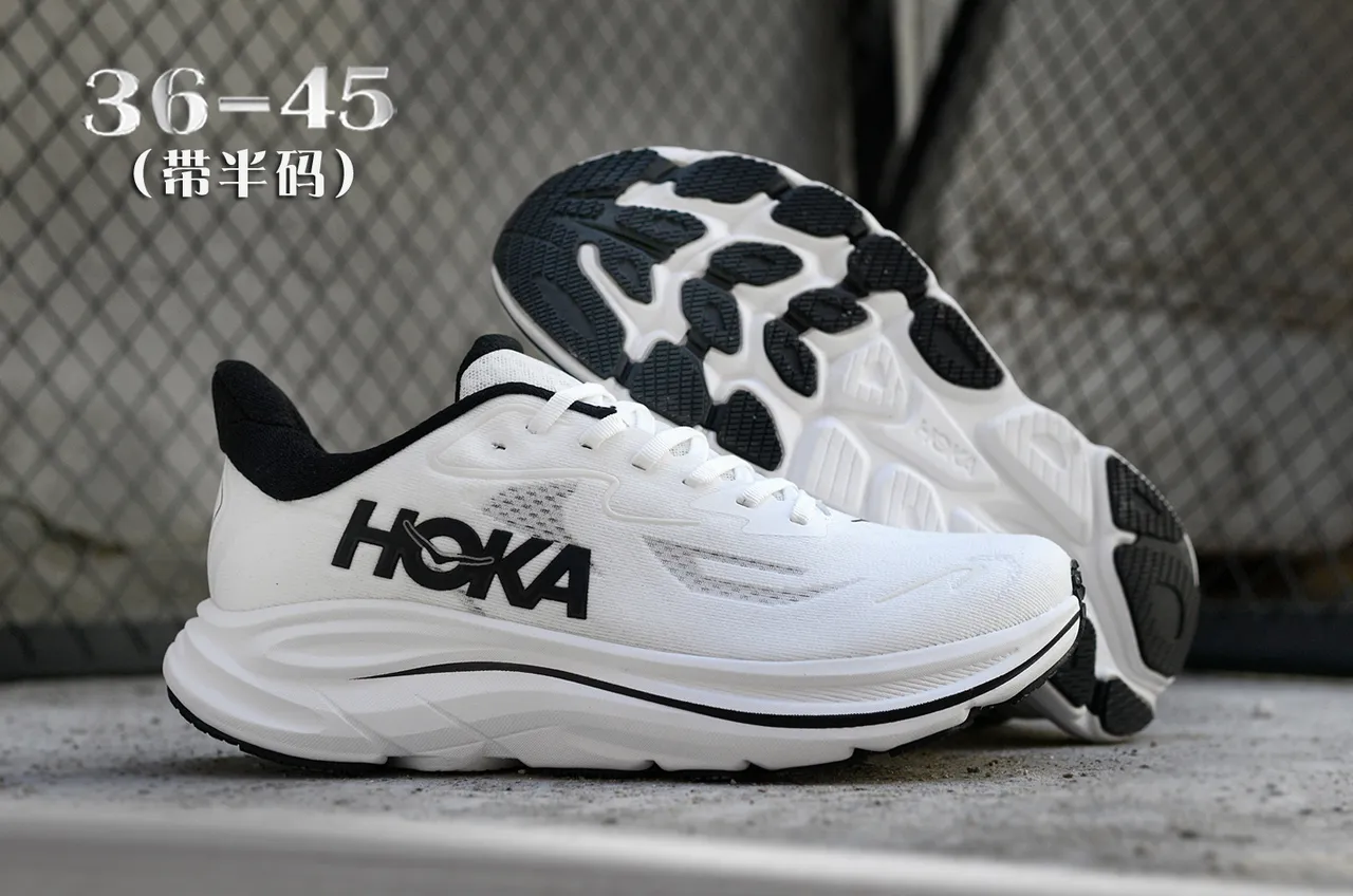 Hoka White Black Engineered Mesh Upper Flared Cushioned Midsole Running Shoes 7