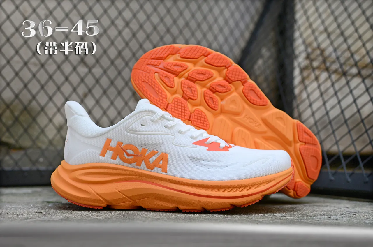 Hoka Blanc Orange Semelle Maximaliste Rembourrée Haut en Maille Conçu Chaussures de course 7