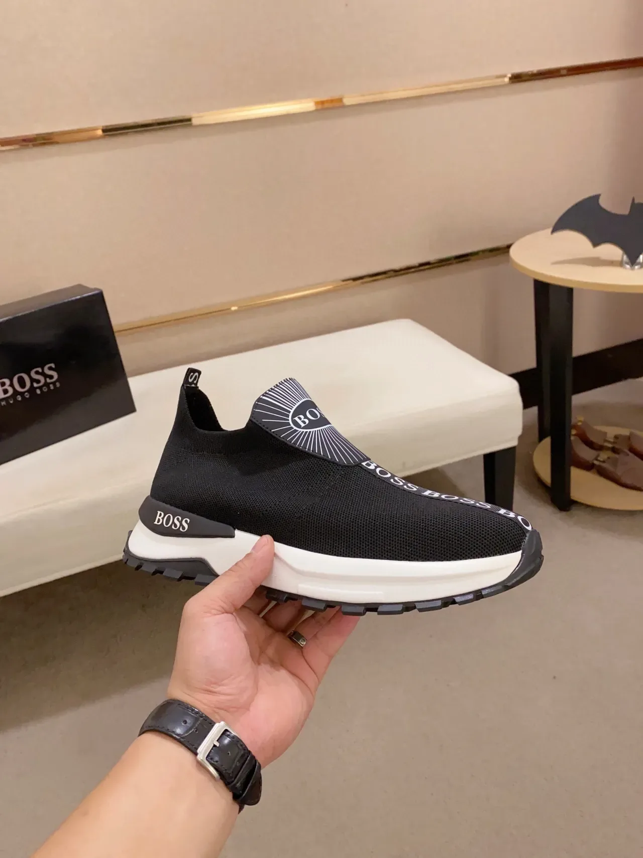 Hugo Boss Black White Knit Slip-On Chunky Sole Sneakers 7