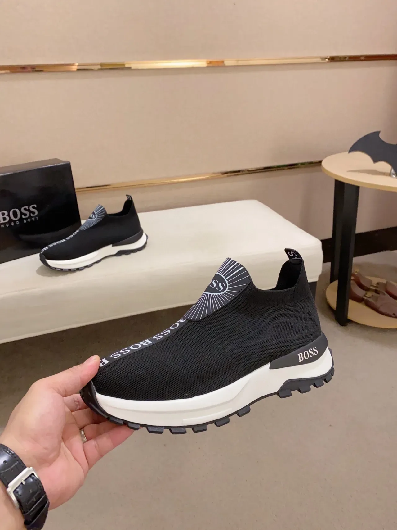 Hugo Boss Black White Knit Slip-On Chunky Sole Sneakers 8