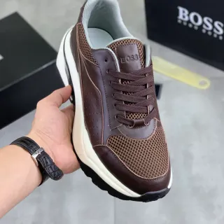 Hugo Boss Tênis Marrom de Couro-Mesh Chunky