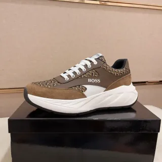 Hugo Boss Brown White Monogrammed Textile Suede Overlays Chunky Sneakers