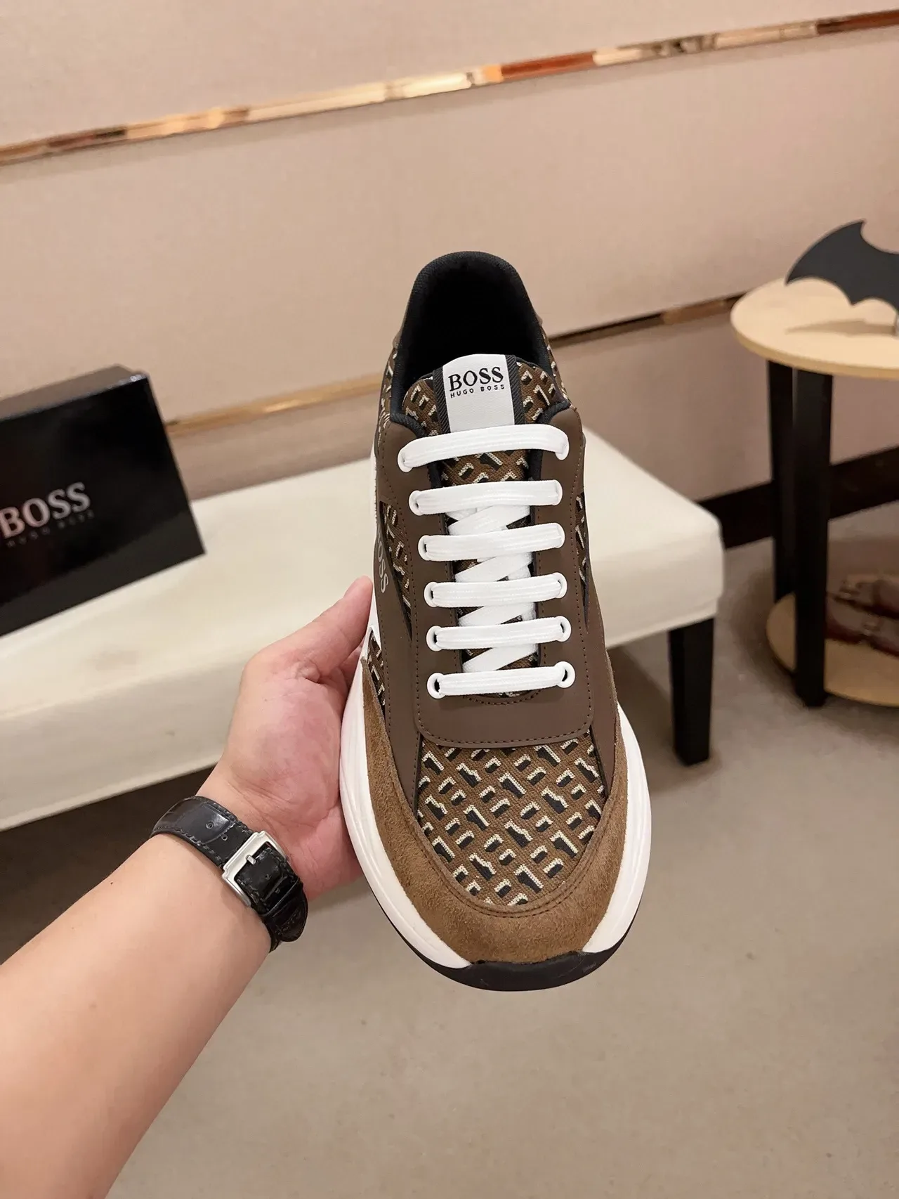 Hugo Boss Brown White Monogrammed Textile Suede Overlays Chunky Sneakers 2