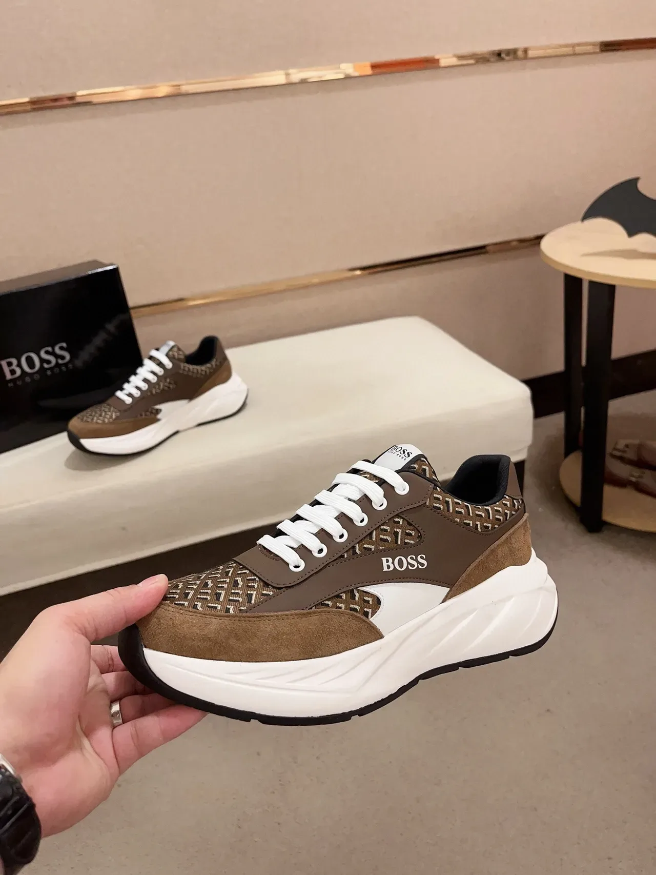 Hugo Boss Brown White Monogrammed Textile Suede Overlays Chunky Sneakers 3
