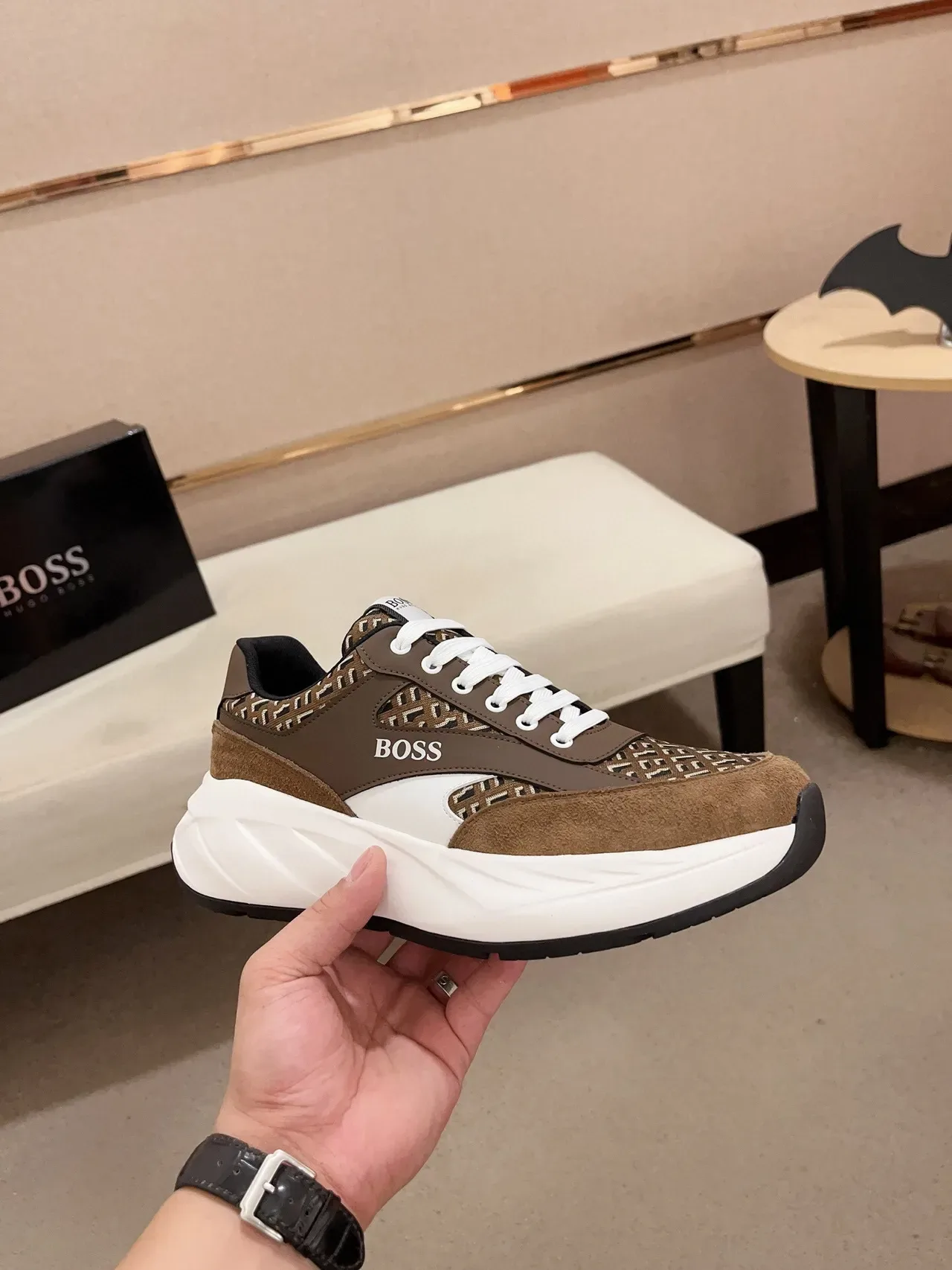 Hugo Boss Brown White Monogrammed Textile Suede Overlays Chunky Sneakers 4