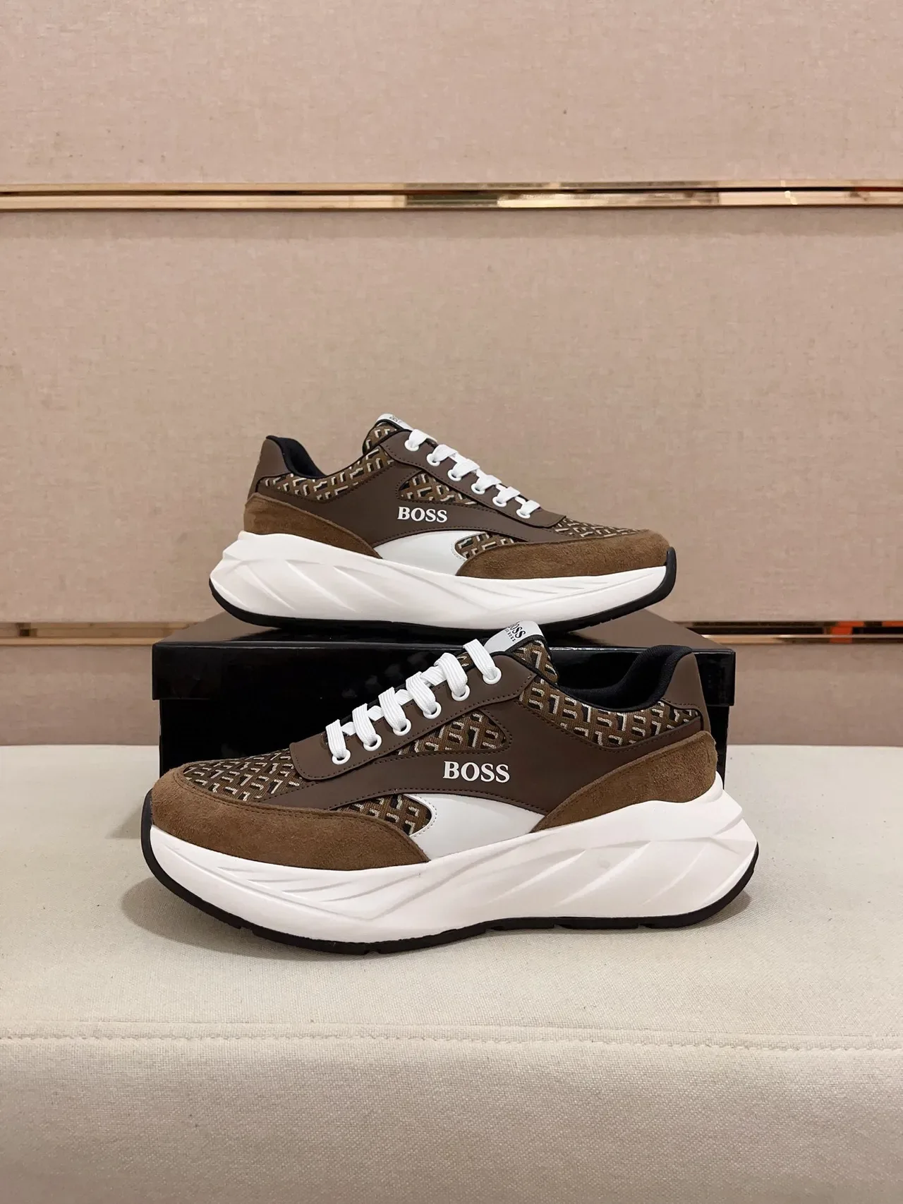 Hugo Boss Brown White Monogrammed Textile Suede Overlays Chunky Sneakers 6