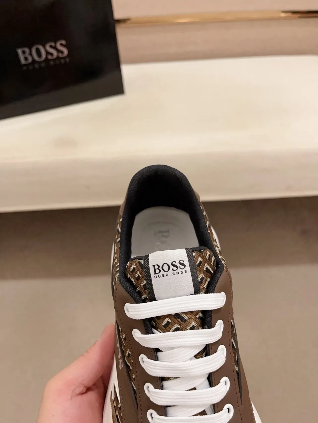 Hugo Boss Brown White Monogrammed Textile Suede Overlays Chunky Sneakers 7