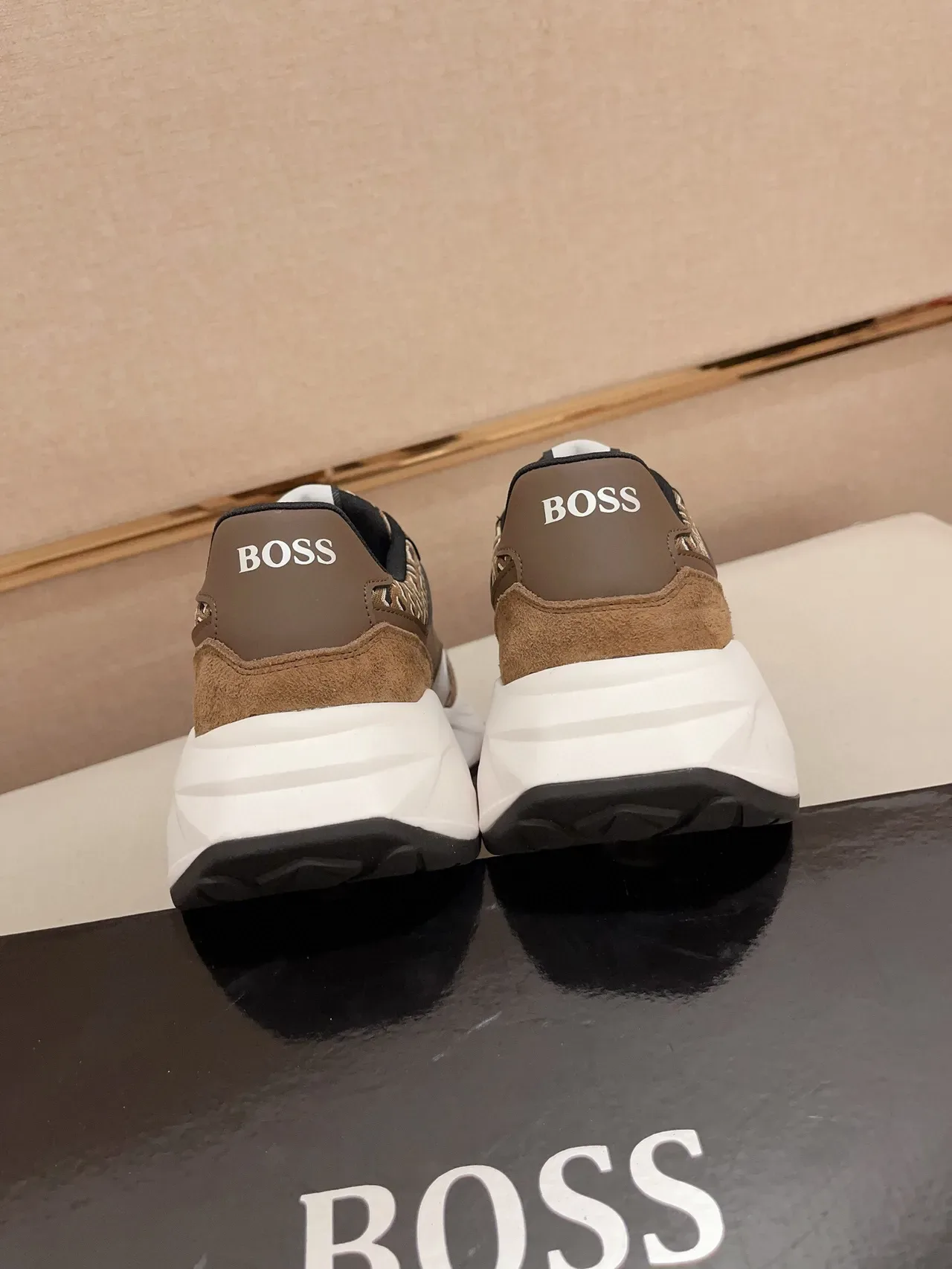 Hugo Boss Brown White Monogrammed Textile Suede Overlays Chunky Sneakers 8