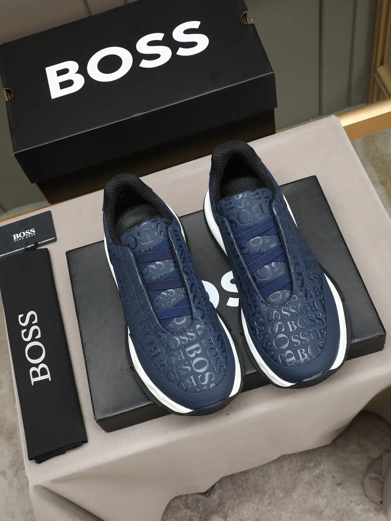 Hugo Boss Embossed Monogram Navy and White Lifestyle Sneaker 3