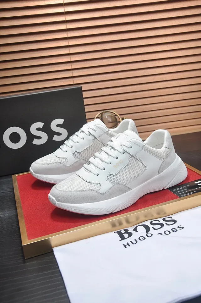 Hugo Boss أبيض ورمادي علو من مواد مختلطة محفور مع تجاعيد بارزة كعب حذاء من نمط الحياة 7