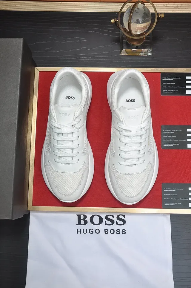 Hugo Boss أبيض ورمادي علو من مواد مختلطة محفور مع تجاعيد بارزة كعب حذاء من نمط الحياة 8