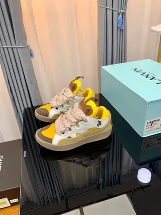 Lanvin Yellow White Hybrid Lace-and-Strap Closure Layered Synthetic Overlays Lifestyle Sneakers 5
