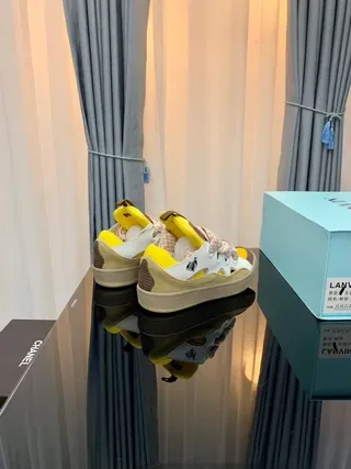 Lanvin Yellow White Hybrid Lace-and-Strap Closure Layered Synthetic Overlays Lifestyle Sneakers 6