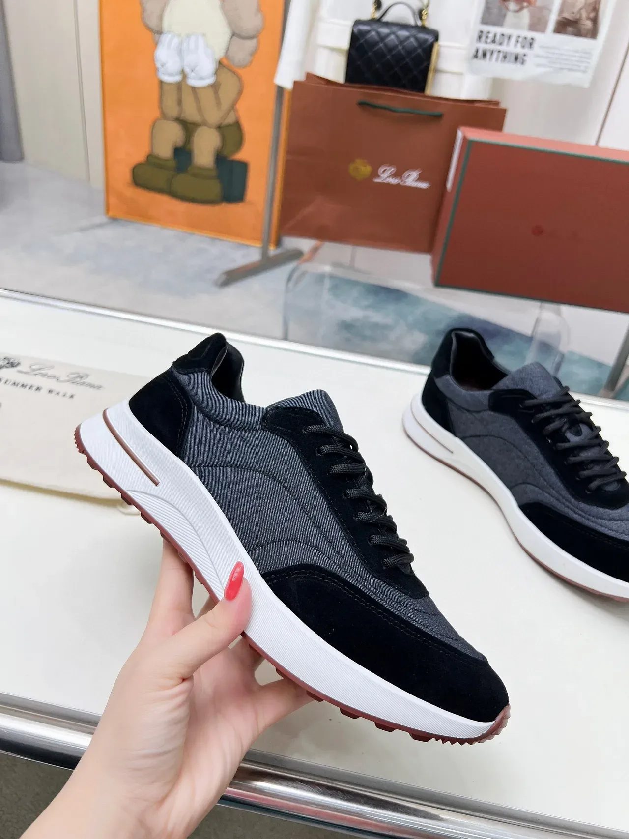 Loewe Cinza Preto Dois Tons Textile-Suede Superior Contraste Sola Media Branca Lifestyle Sneakers 2