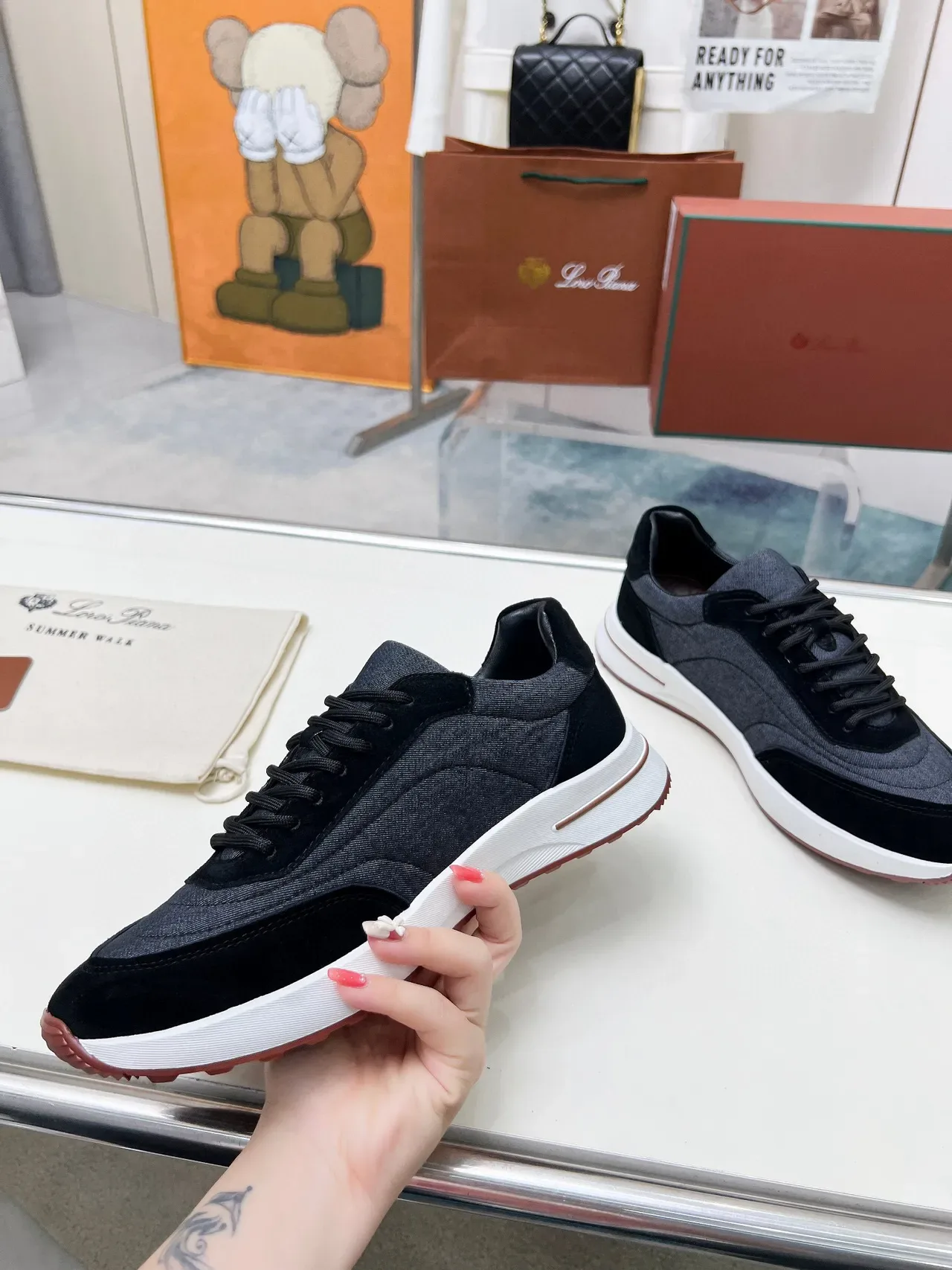 Loewe Cinza Preto Dois Tons Textile-Suede Superior Contraste Sola Media Branca Lifestyle Sneakers 3