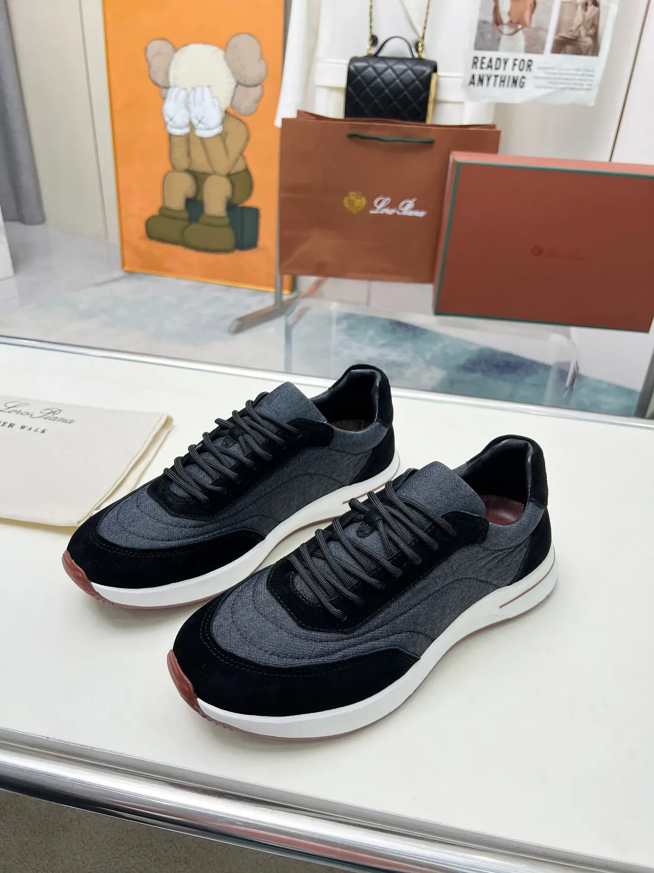 Loewe Cinza Preto Dois Tons Textile-Suede Superior Contraste Sola Media Branca Lifestyle Sneakers 4