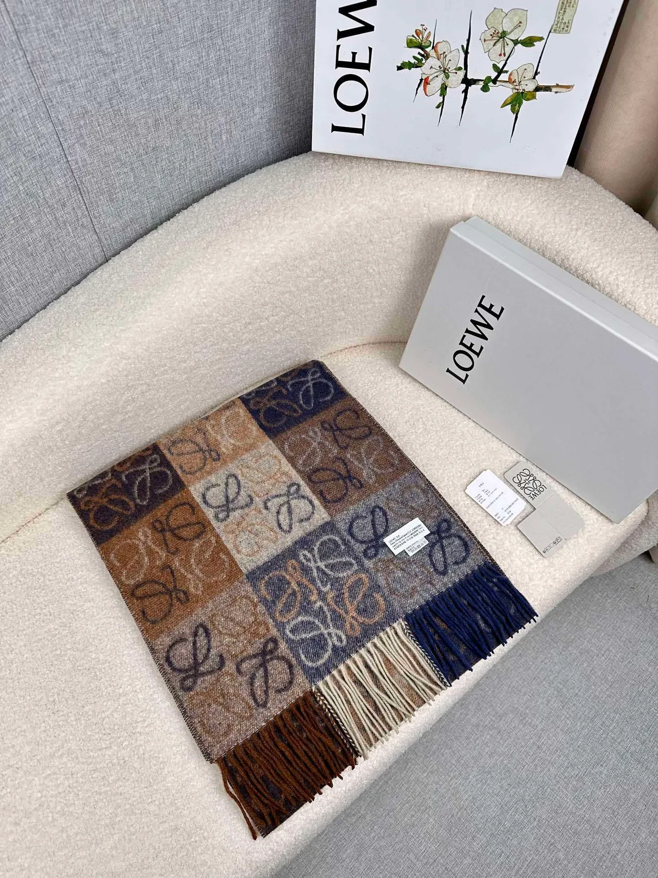 Loewe Monogram Jacquard Navy and Beige Cashmere Scarf 6
