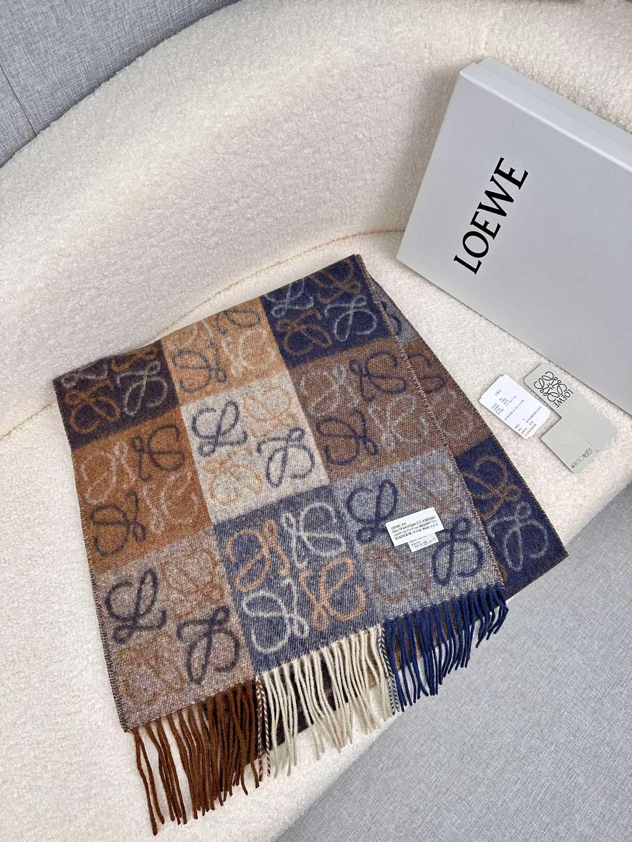 Loewe Monogram Jacquard Navy and Beige Cashmere Scarf 7