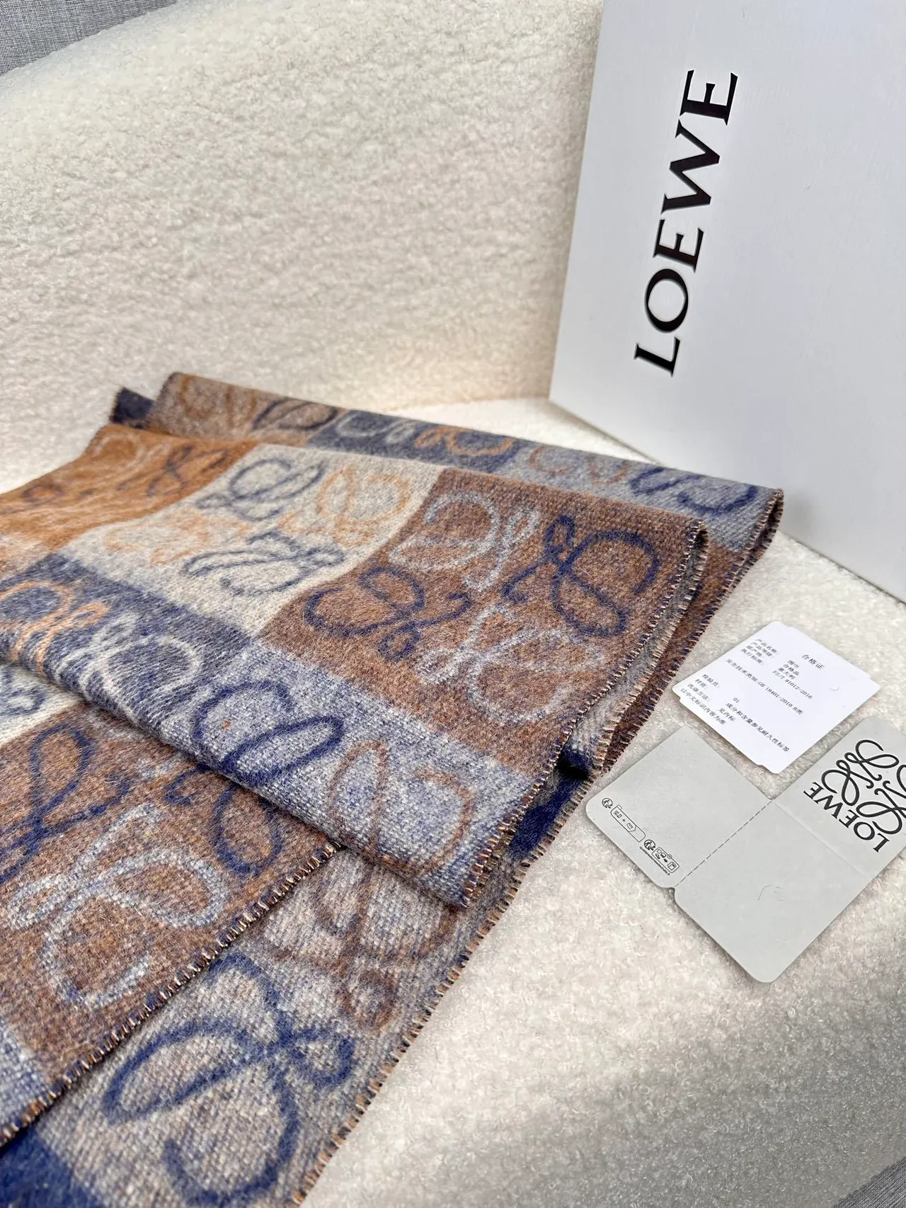 Loewe Monogram Jacquard Navy and Beige Cashmere Scarf 2