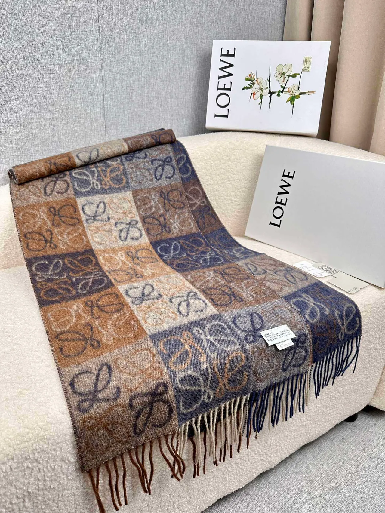 Loewe Monogram Jacquard Navy and Beige Cashmere Scarf 9