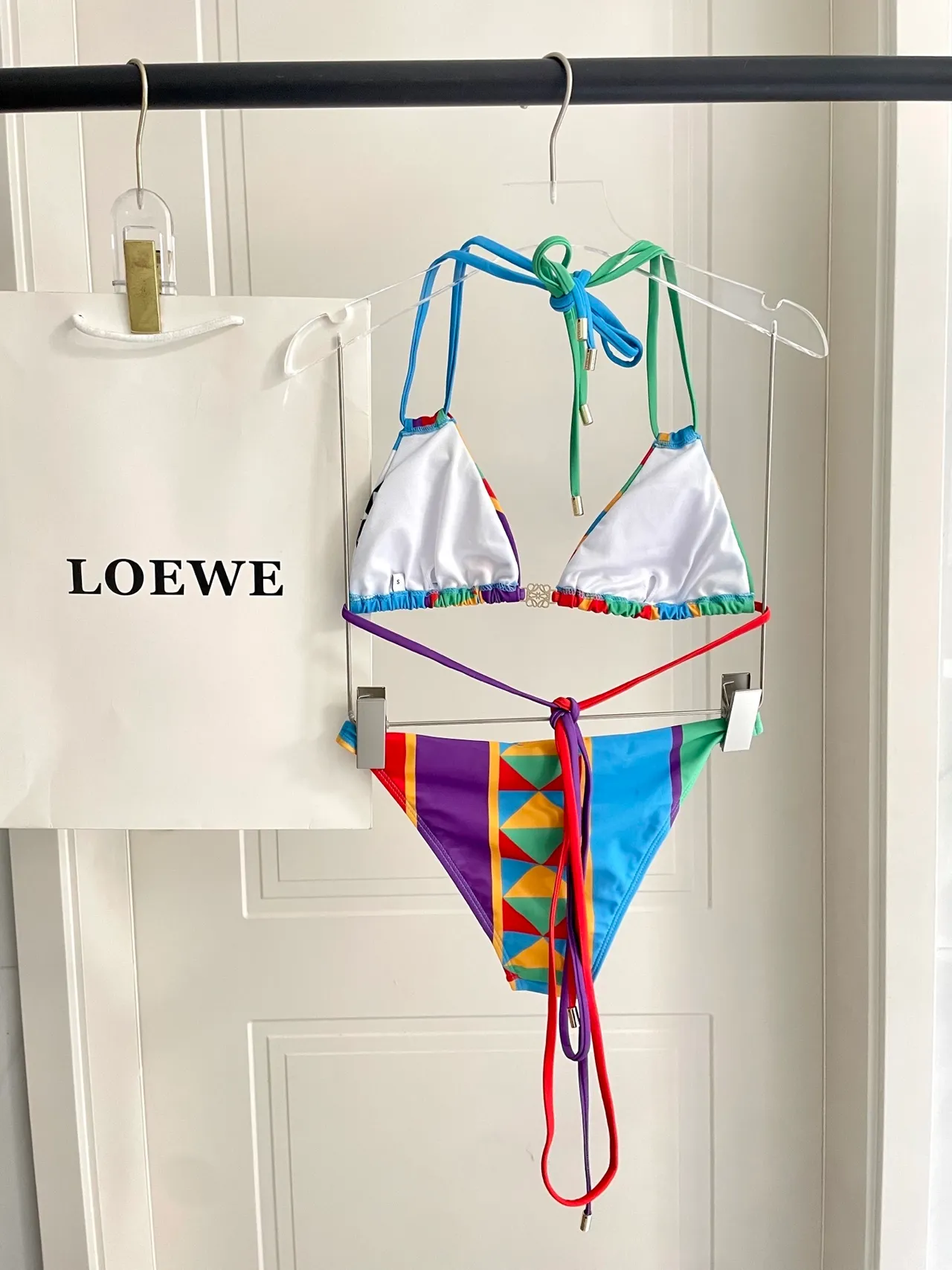 Loewe Puzzle Multicolor Geometric Patchwork Print Tie-Front Halter Swimwear 3