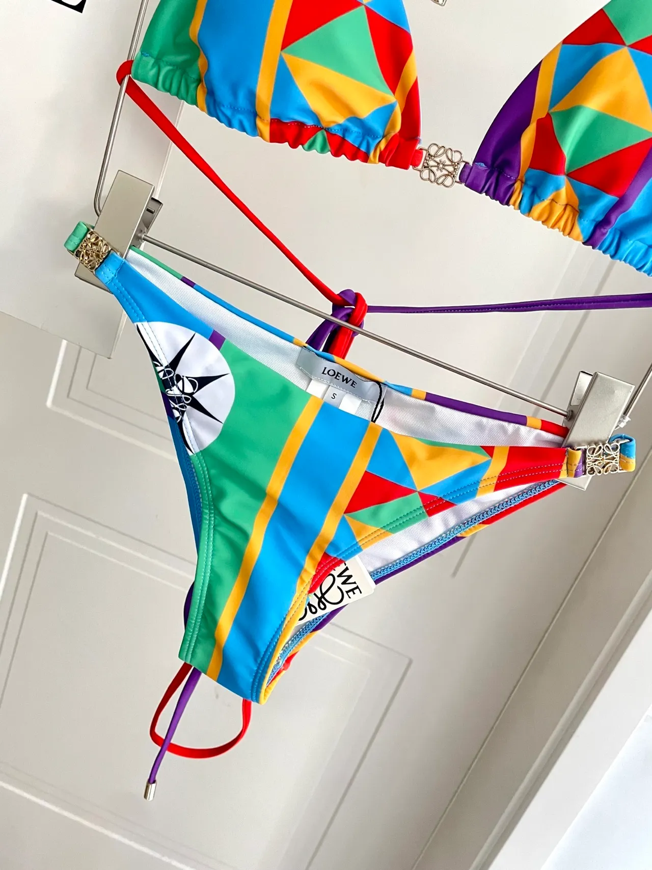 Loewe Puzzle Multicolor Geometric Patchwork Print Tie-Front Halter Swimwear 4