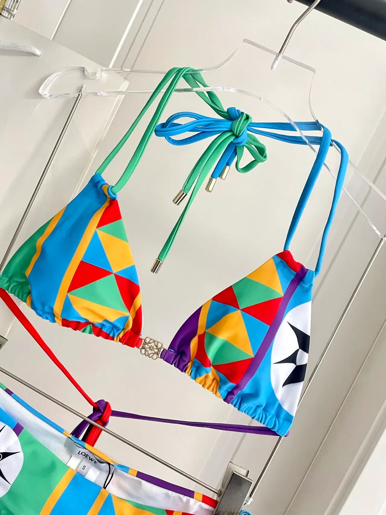 Loewe Puzzle Multicolor Geometric Patchwork Print Tie-Front Halter Swimwear 6