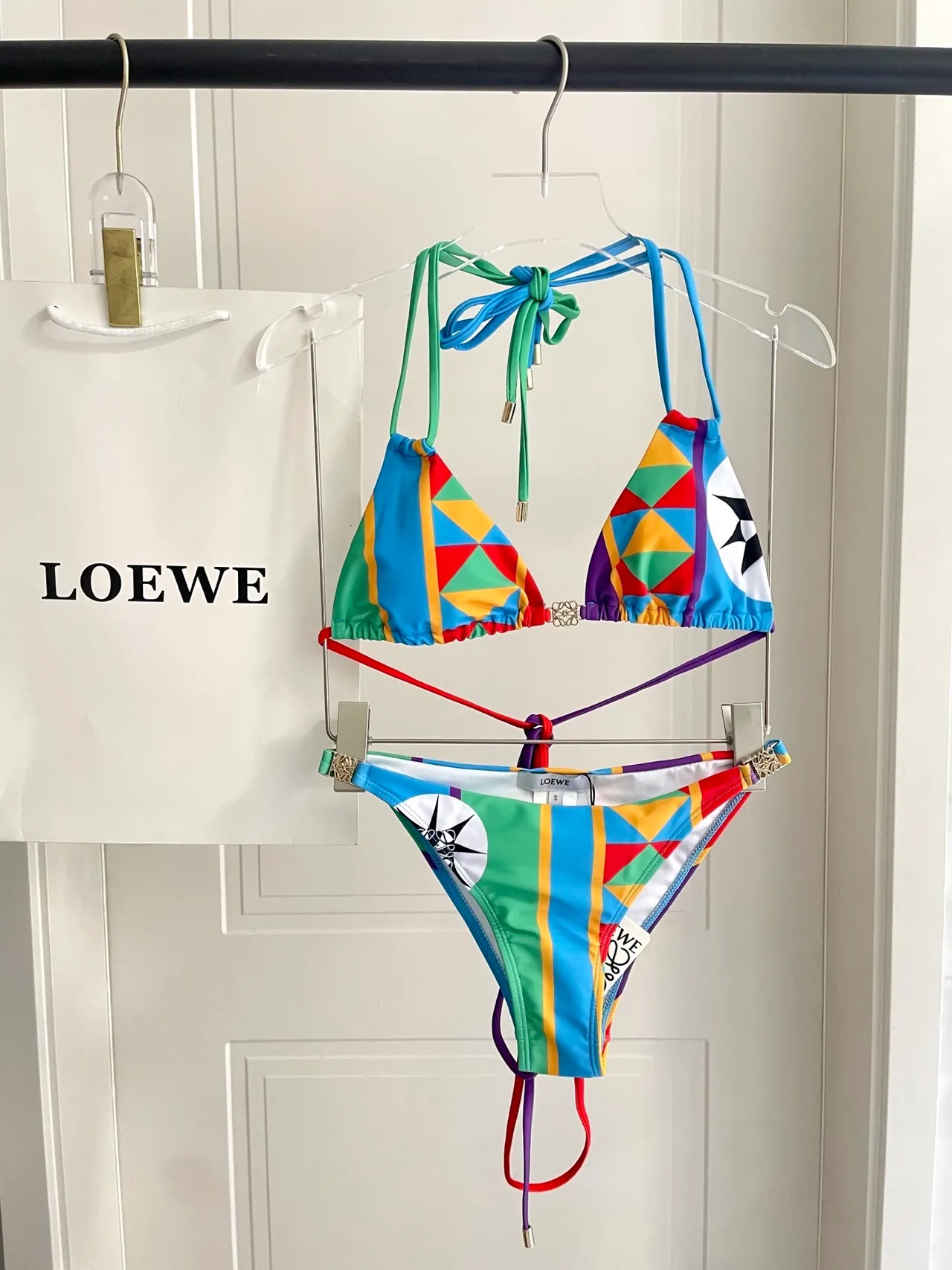 Loewe Puzzle Multicolor Geometric Patchwork Print Tie-Front Halter Swimwear 7
