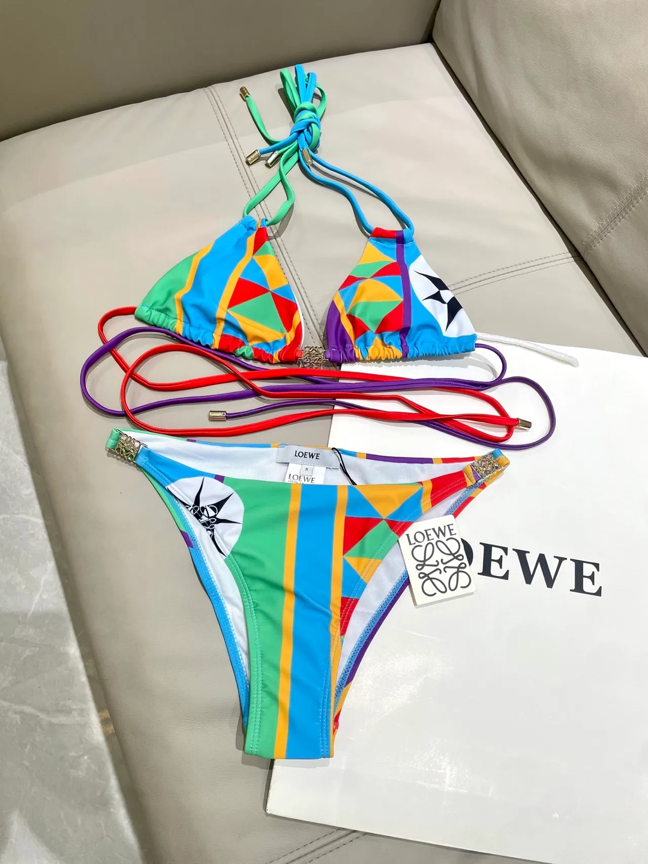 Loewe Puzzle Multicolor Geometric Patchwork Print Tie-Front Halter Swimwear 13