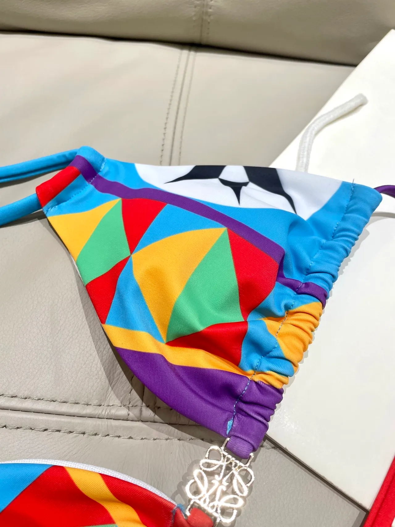 Loewe Puzzle Multicolor Geometric Patchwork Print Tie-Front Halter Swimwear 15