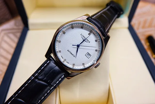 Longines Black Silver Stainless Steel Case White Guilloché Dial Mechanical Watch 6