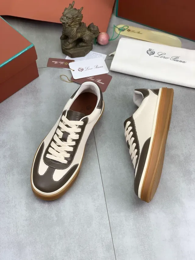 Loro Piana Beige Brown Canvas And Leather Panel Construction Contrast Stitching Lifestyle Sneakers 5